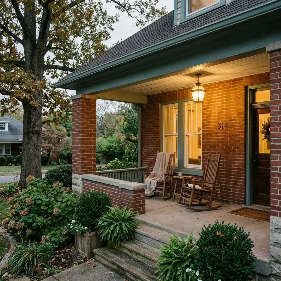 Front porch of a brick home at dusk with the porch light on