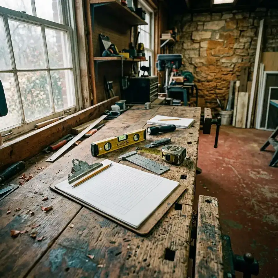 Workbench with a clipboard, digital level, tape measure, and crack gauge