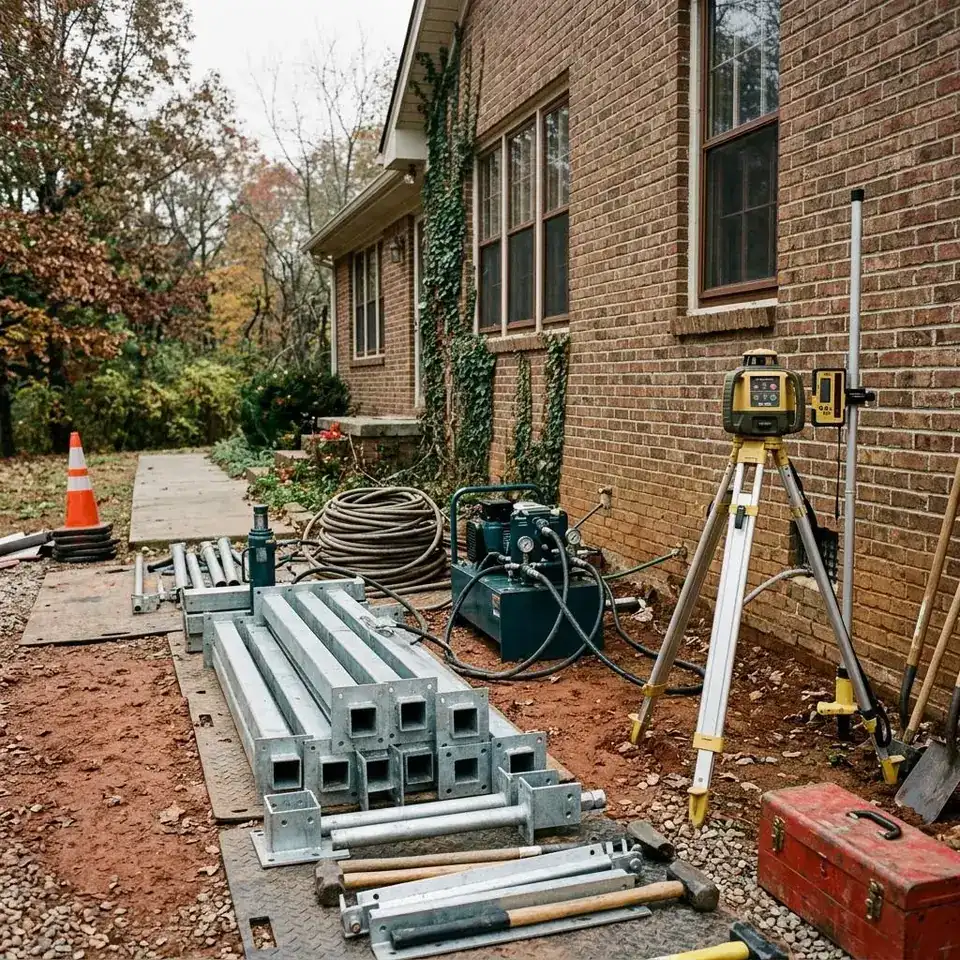 Steel piers, brackets, and a laser level arranged beside a brick house