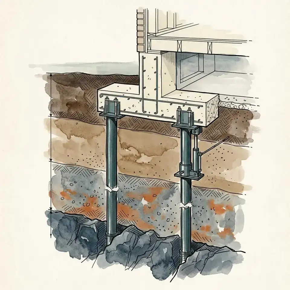 Illustration of steel piers supporting a house footing