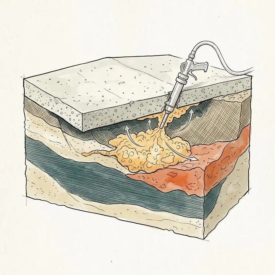 Illustration of injected material filling voids and raising a concrete slab.