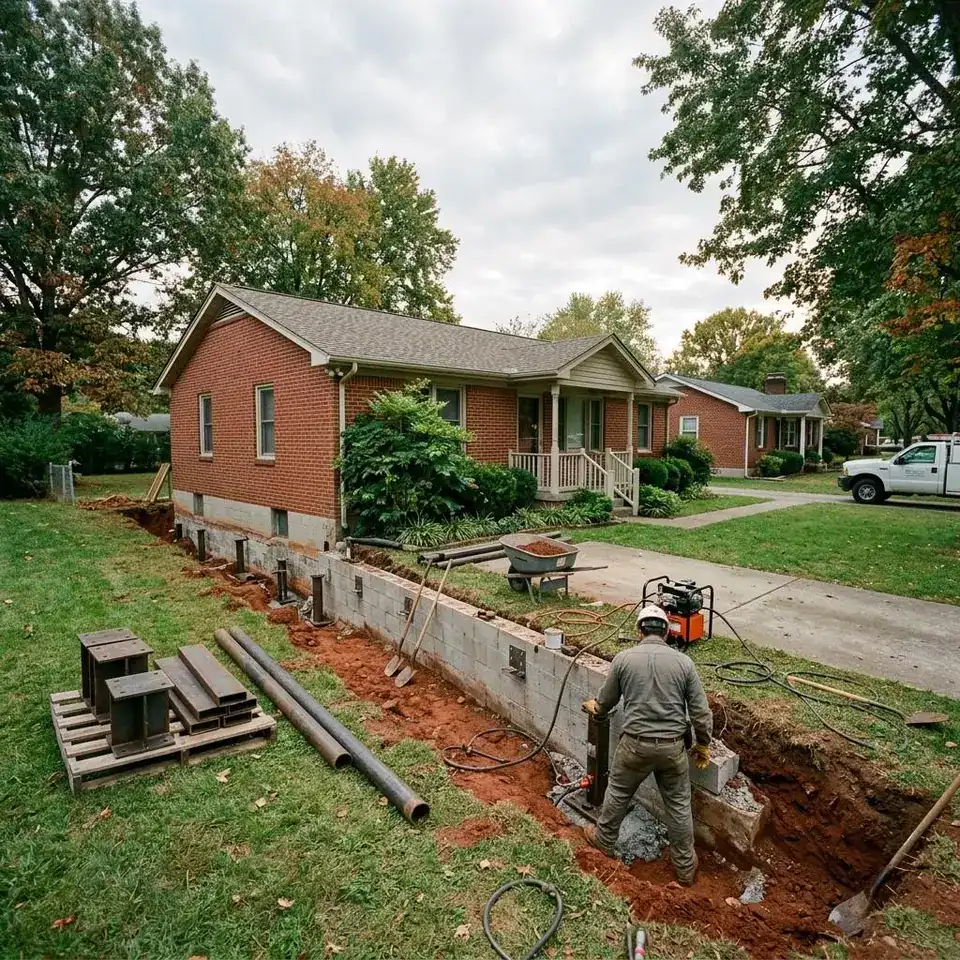 Brick ranch home in a Murfreesboro neighborhood with a trench open along the foundation and steel piers ready for installation