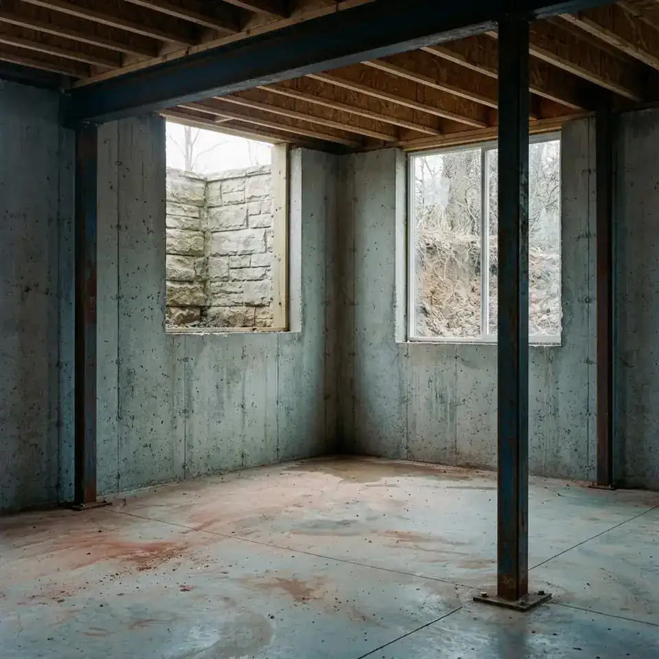 Unfinished basement with steel wall beams braced from floor to joists along concrete walls