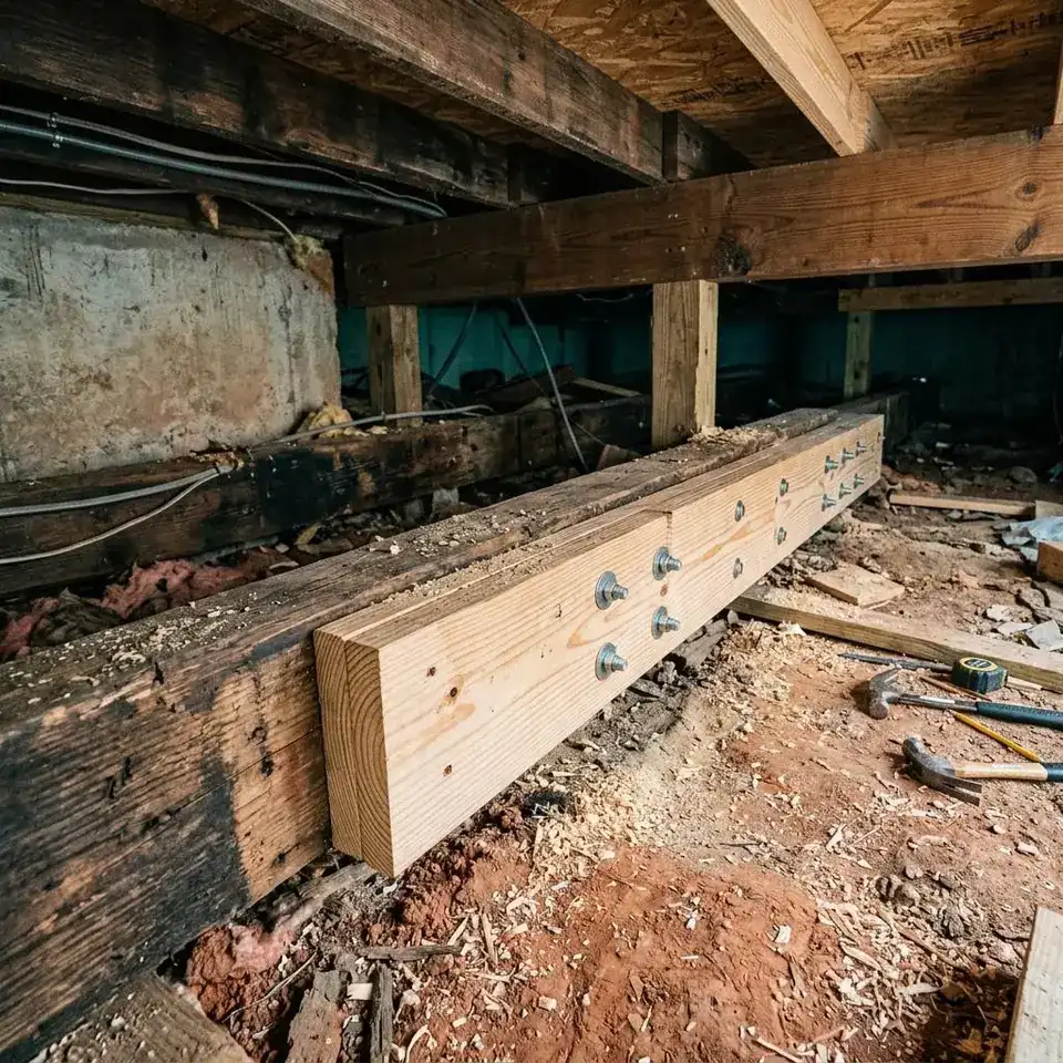 New lumber joists sistered beside older darkened joists with a fresh beam in a crawl space