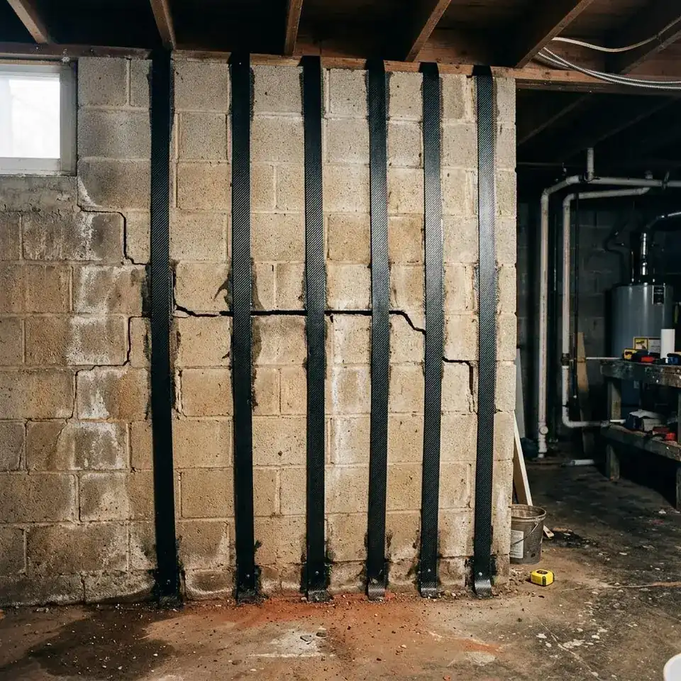 Bowed block basement wall with a horizontal crack reinforced by vertical straps