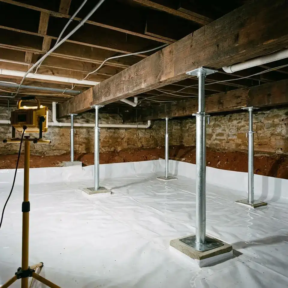 Clean crawl space with new steel support posts under wood girders and a white vapor barrier