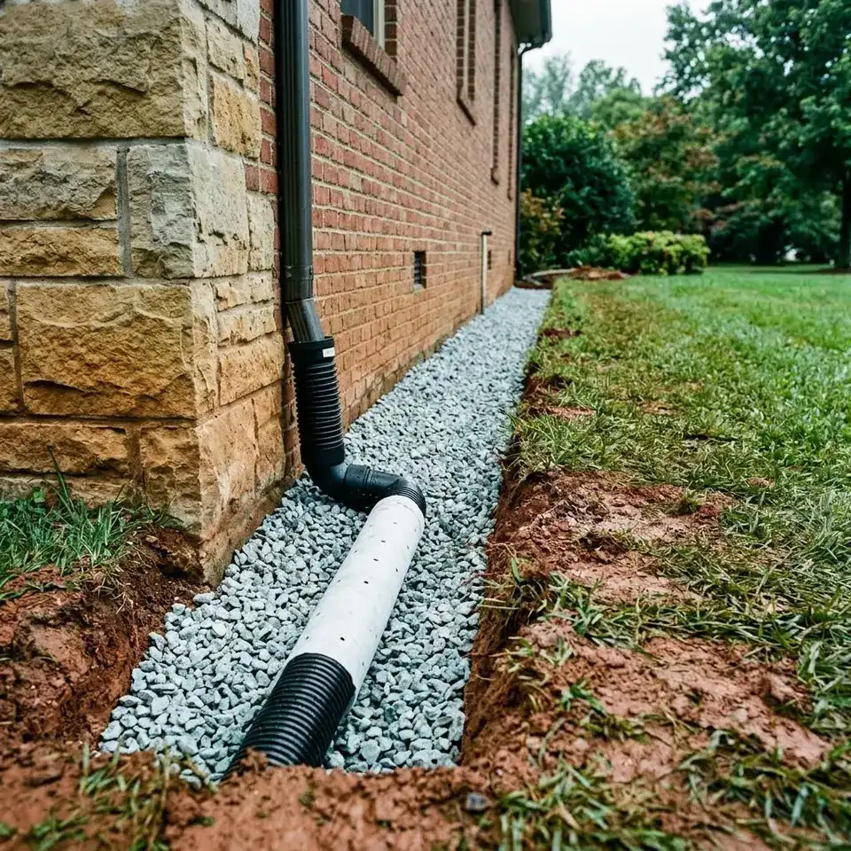 Exterior drain trench with perforated pipe and gravel running along a house foundation