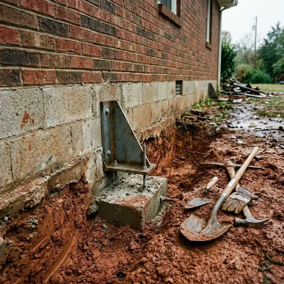 Steel bracket attached to a concrete block footing beside an open trench at a brick home