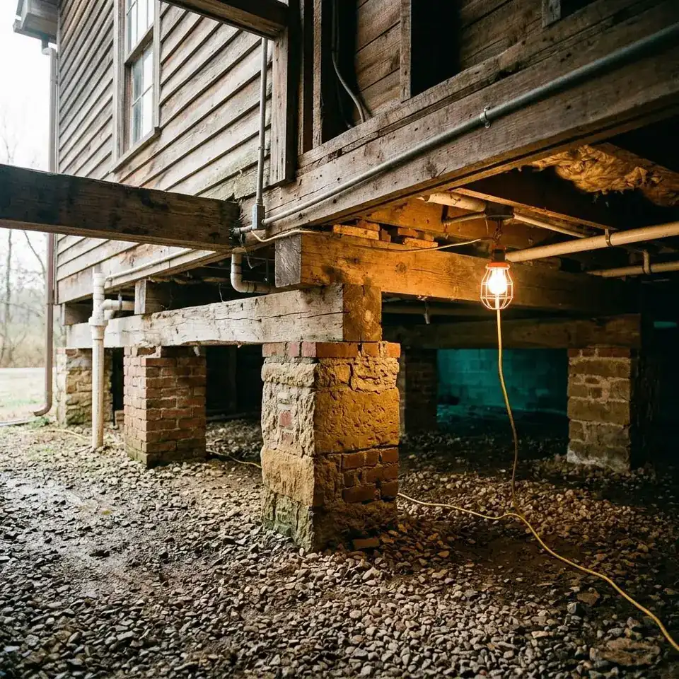 Masonry piers and wooden beams under an older wood frame home on a gravel crawl space floor