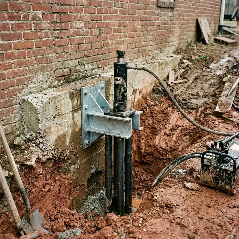 Steel push pier tubes and a hydraulic ram mounted on a bracket against an exposed footing