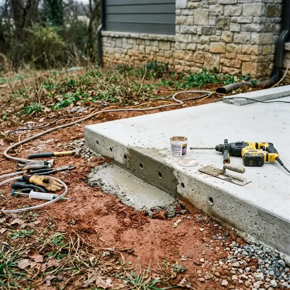 Edge of a concrete slab foundation with small drilled access holes near the perimeter