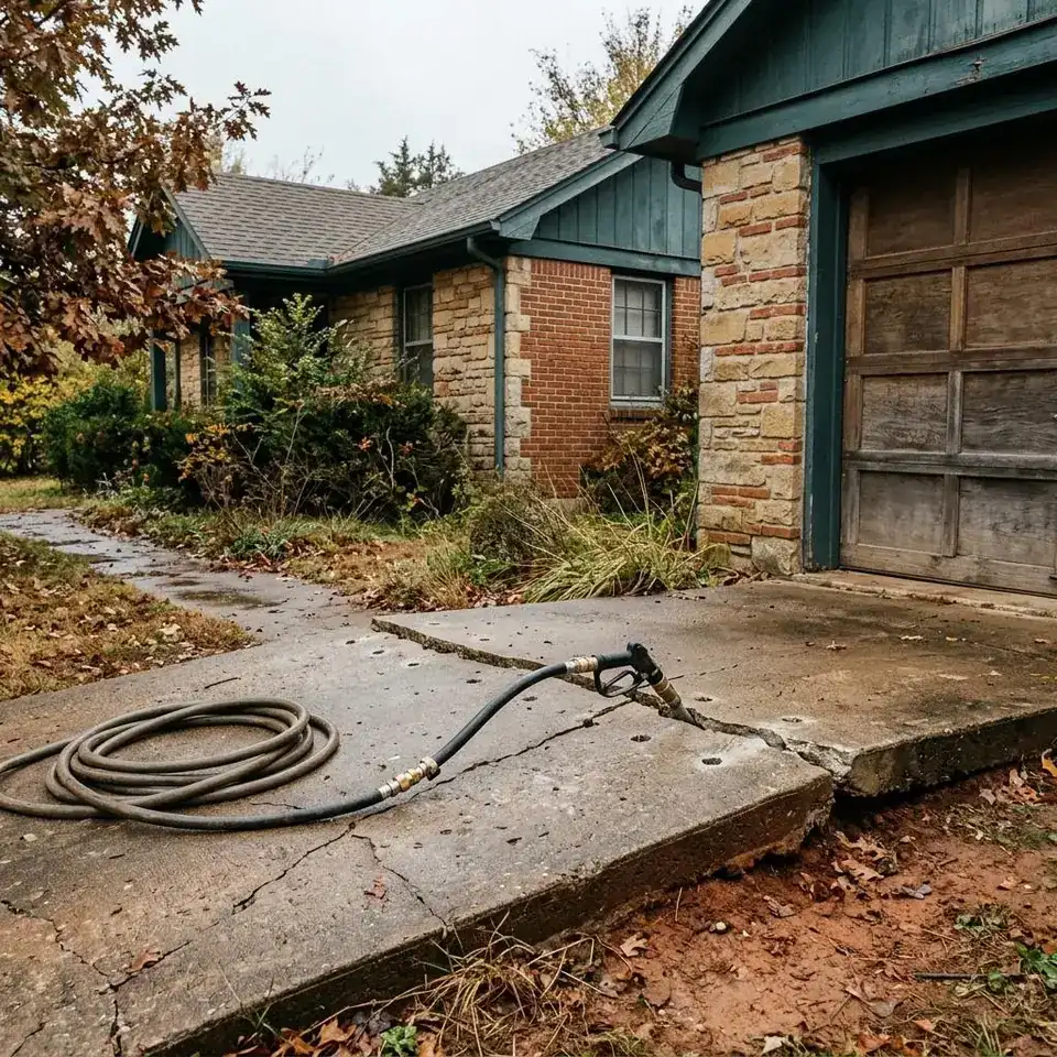 Sunken concrete driveway slab beside a garage with small drilled holes for lifting