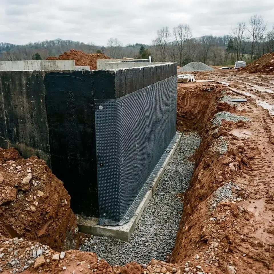 Excavated basement wall coated with dark waterproofing membrane and drainage board